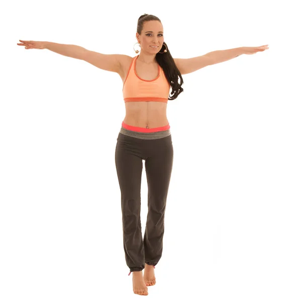 Mujer Joven Practica Yoga Pie Aislado Sobre Fondo Blanco — Foto de Stock