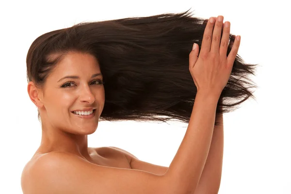 Žena Nanášení Kosmetiky Vlasy Péče Vlasy Izolované Přes Bílé Pozadí — Stock fotografie