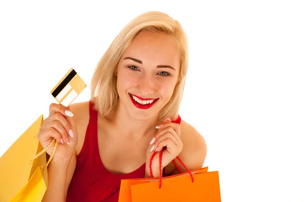 Jolie Jeune Femme Blonde Avec Des Sacs Provisions Isolés — Photo