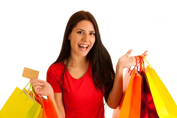 Atraente Jovem Segurando Sacos Compras Isolados Sobre Fundo Branco — Fotografia de Stock