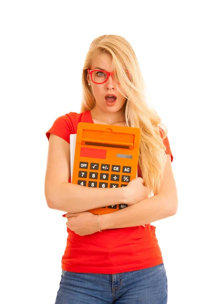 Joven Estudiante Sorprendido Camiseta Roja Con Calculadora Aislada Sobre Blanco — Foto de Stock