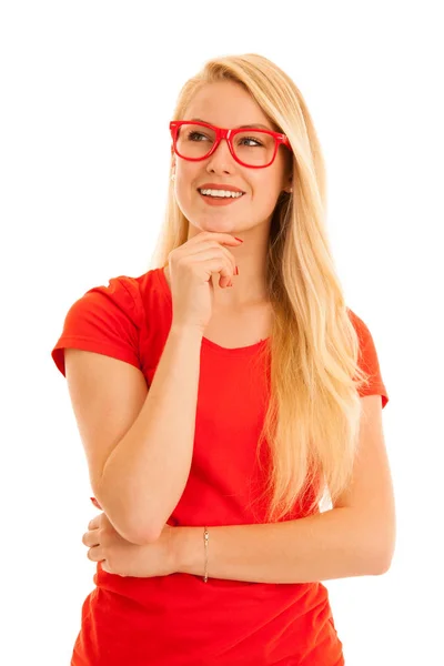Mooie Jonge Vrouw Rode Shirt Met Brillen Geïsoleerd Wit — Stockfoto