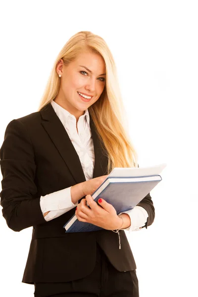 Beautiful Young Woman Check Data Work Folder Her Office — Stock Photo, Image
