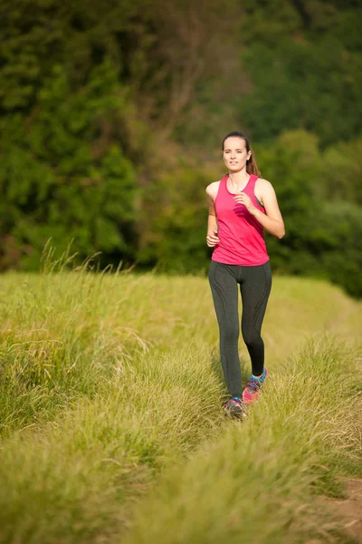Beautiful Young Woman Workout Outdoor Runs Meadow Early Summer — Stock Photo, Image