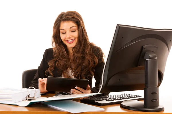 Beautiful Young Brunette Business Woman Surt Internet Her Tablet Office — Stock Photo, Image