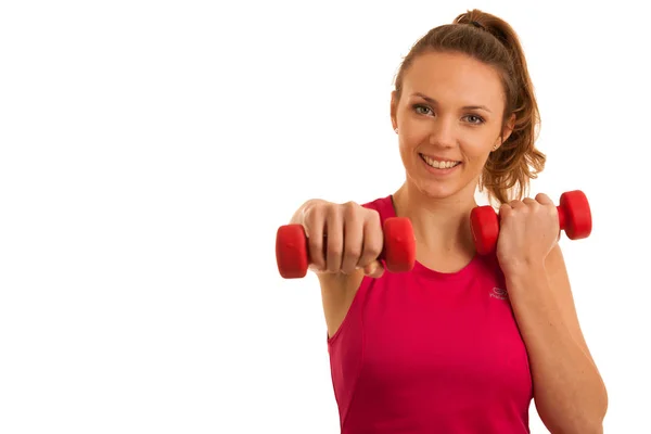 Beautiful Young Active Fit Woman Workout Dumbbells Isolated White Background — Stock Photo, Image