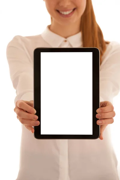 Beautiful Business Woman Shows Blank Monitor Tablet Isolated White — Stock Photo, Image