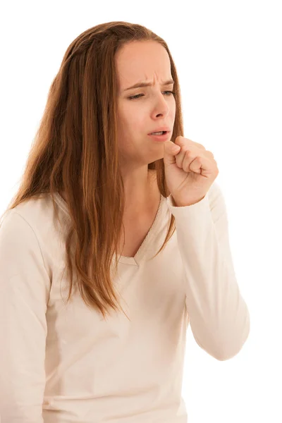 Zieke Vrouw Hoesten Als Gevangen Verkoudheid Griep Geïsoleerd Witte Achtergrond — Stockfoto