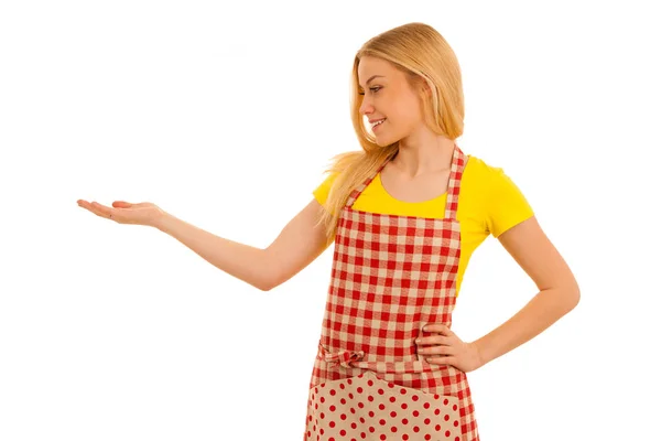 Young Woman Cook Points Copy Space She Presents New Recepy — Stock Photo, Image