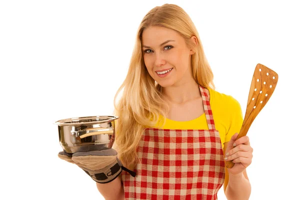 Mladá Blond Žena Vaření Izolované Bílém Pozadí — Stock fotografie