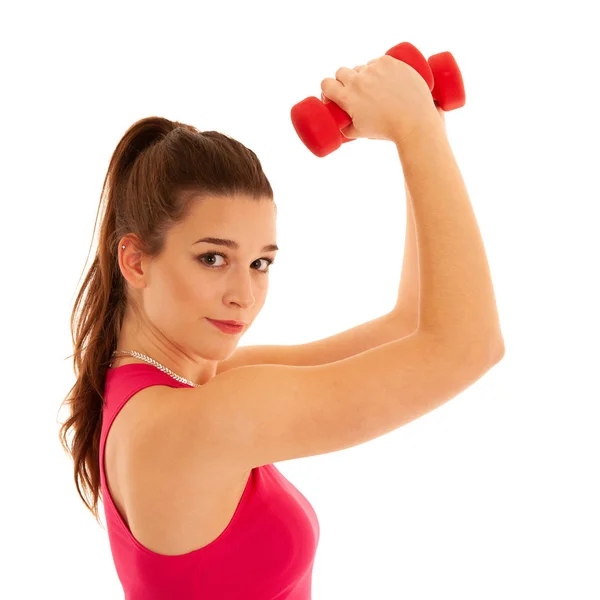 Hermoso Entrenamiento Mujer Atleta Joven Con Mancuernas Aisladas Sobre Fondo —  Fotos de Stock