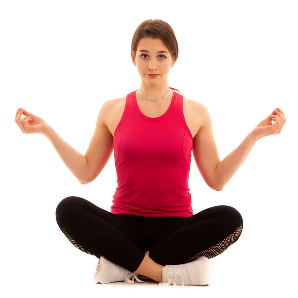 Mulher Bonita Meditar Posição Lótus Isolado Sobre Branco — Fotografia de Stock