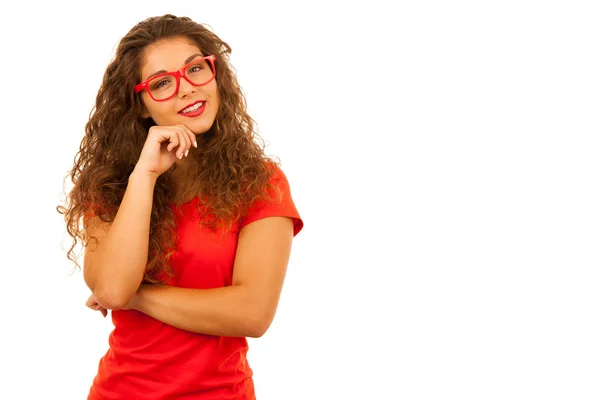 Güzel Genç Kadın Kırmızı Gömlek Şort Beyaz Arka Plan Üzerinde — Stok fotoğraf