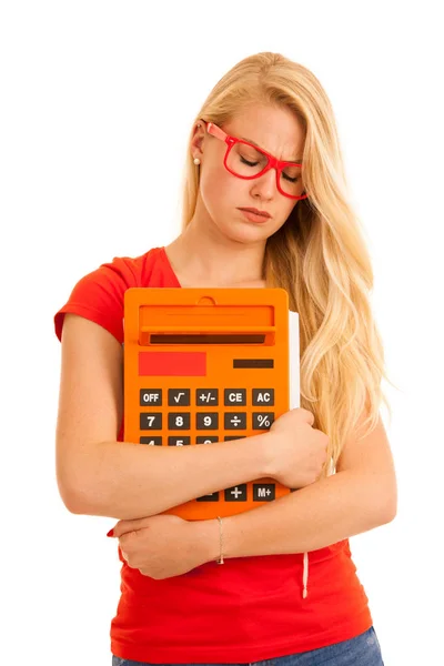 Scioccato Giovane Studente Shirt Rossa Con Calcolatrice Isolato Bianco — Foto Stock