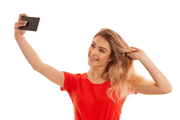 Hermosa Joven Caucásica Mujer Tomando Foto Selfie Aislado Sobre Fondo —  Fotos de Stock