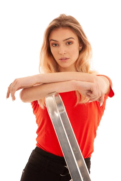 Hermosa Mujer Niña Con Camiseta Roja Retrato Sexy Mujer Con —  Fotos de Stock