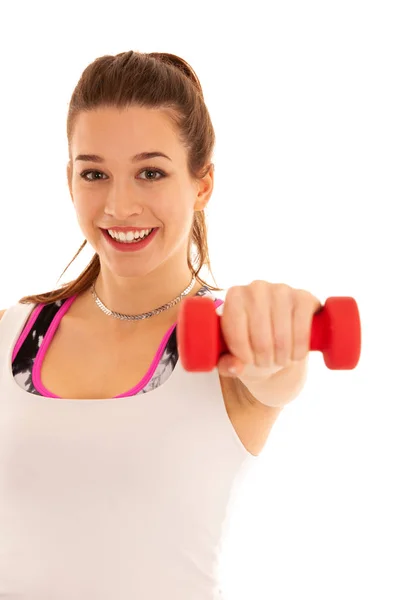 Bonito Jovem Atleta Treino Mulher Com Halteres Isolados Sobre Fundo — Fotografia de Stock