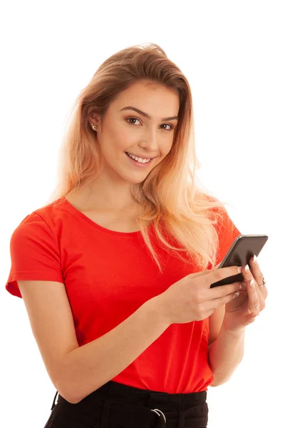 Beutiful Young Woman Texting Message Smartphone Isolated White Background — Stock Photo, Image