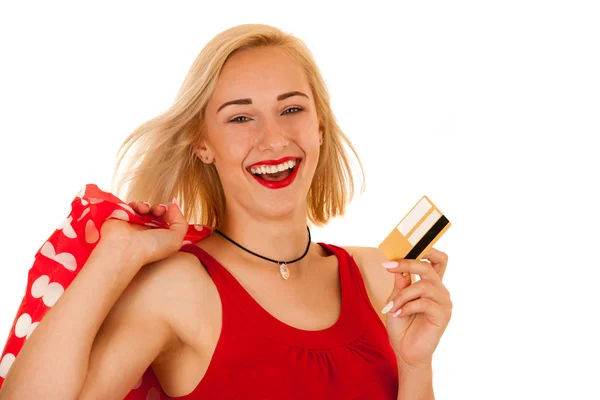 Aantrekkelijke Blonde Jonge Vrouw Met Boodschappentassen Geïsoleerd — Stockfoto