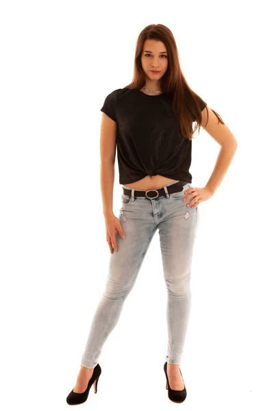 Larga Duración Retrato Una Hermosa Adolescente Caucásica Camisa Negra Jeans —  Fotos de Stock
