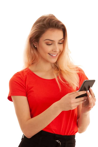 Beutiful Young Woman Texting Message Smartphone Isolated White Background — Stock Photo, Image