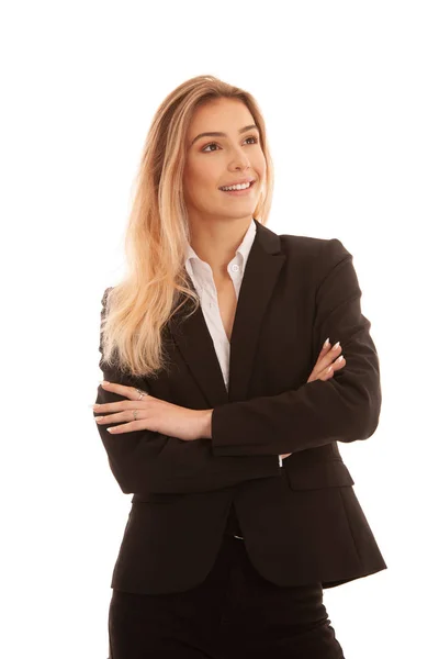 黒い服を着て白で分離された美しいブロンド若いビジネス女性 — ストック写真