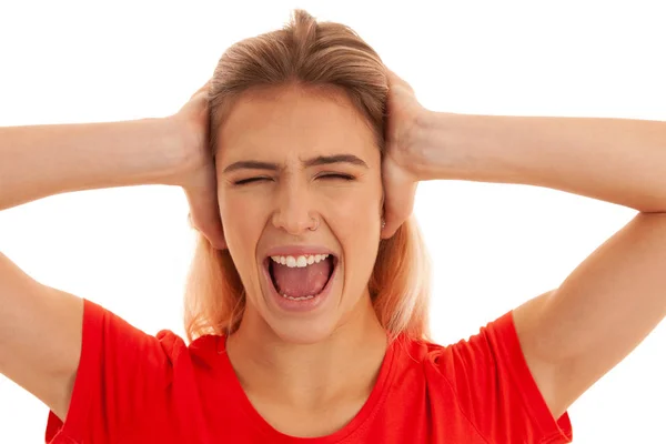 Beautiful young woman gesture dont want to hear holds hands on h — Stock Photo, Image