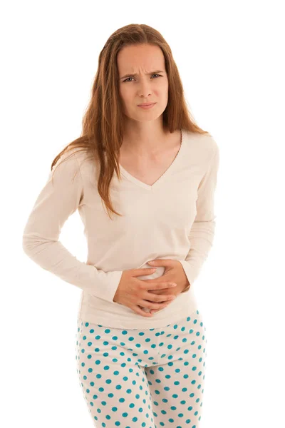 Junge brünette kaukasische Frau mit Schmerzen in ihrem Magen Menstruation — Stockfoto