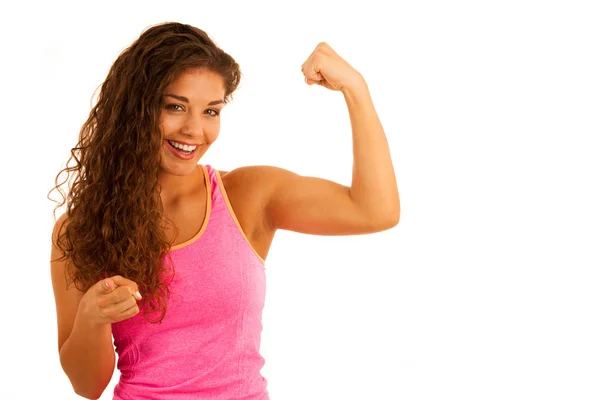 Active young sporty fit woman gesture power with her arms up iso — Stock Photo, Image