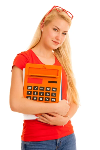 Felice studente bionda con calcolatrice isolato su backgro bianco — Foto Stock