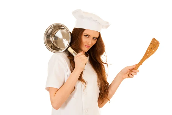 Красиві Щасливі молоді кухарі ізольовані над білим — стокове фото