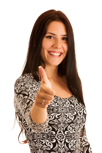 Приваблива молода жінка жестикулює Рей показує великий палець вгору ізольовано — стокове фото