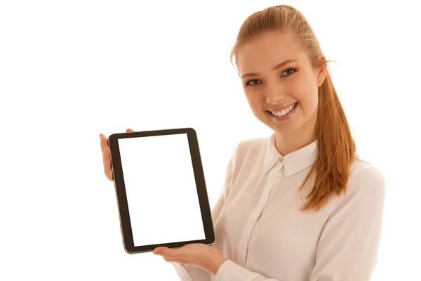 Beautiful business woman shows blank monitor on tablet isolated — Stock Photo, Image