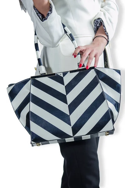 Girl Holds Bag Close Isolated White Background — Stock Photo, Image