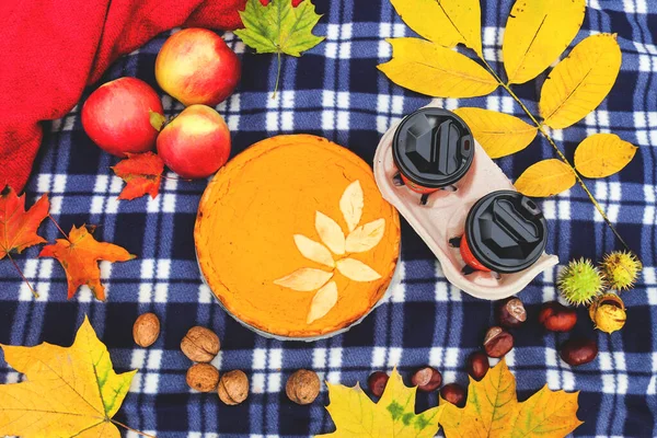 Ev yapımı kabak turtası ve kahveyle sonbahar pikniği. Sonbahar havası, üst manzara, düz uzanma.