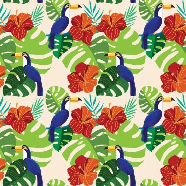 Tropikal Çiçekler Yapraklar ve Tukan Kuş Vektörü Kusursuz Desen