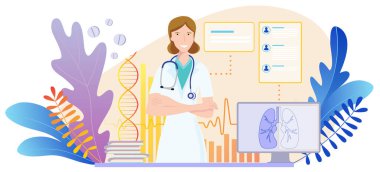 Sanal Doktor Ziyaretinin Vektör İllüstrasyonu. İnternette Tıbbi Danışmanlık. Doktor ve hastalar test sonuçları, sağlık sorunları, zihinsel ve fiziksel refah üzerine uzaktan konsültasyon yapıyorlar..