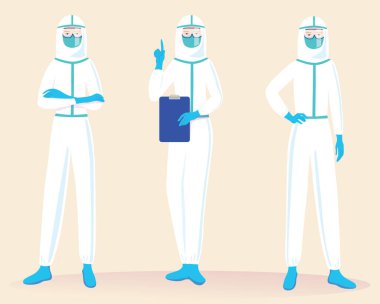 Doktor farklı pozlarda, virüslerden ve enfeksiyonlardan korunmak için kostüm giymiş. Düz biçim çizimleri kümesi.