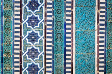 Ayrıntı, tarihsel Kutsal Mezarlık Şahi Zinda Semerkand, Özbekistan'a cephe.