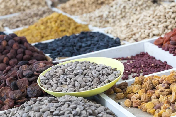 Frutas Secas Nozes Mercado Local Alimentos Tashkent Uzbequistão — Fotografia de Stock