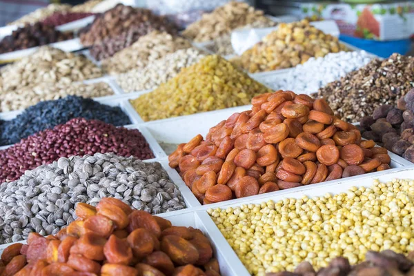 Frutas Secas Nozes Mercado Local Alimentos Tashkent Uzbequistão — Fotografia de Stock