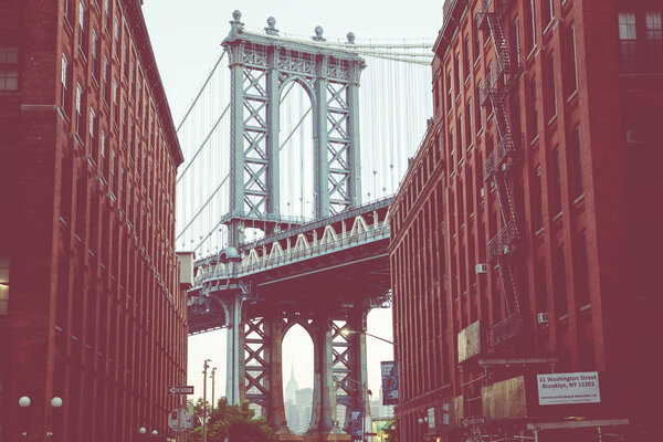 Manhattan Bridge seen from Dumbo, Brooklyn, New York City, USA.