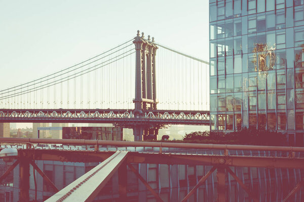 Vintage Color View of Manhattan Bridge at Sunrise, New York City, New York, USA