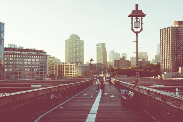 Vista Color Vintage Del Puente Brooklyn Con Detalle Vigas Cables — Foto de Stock