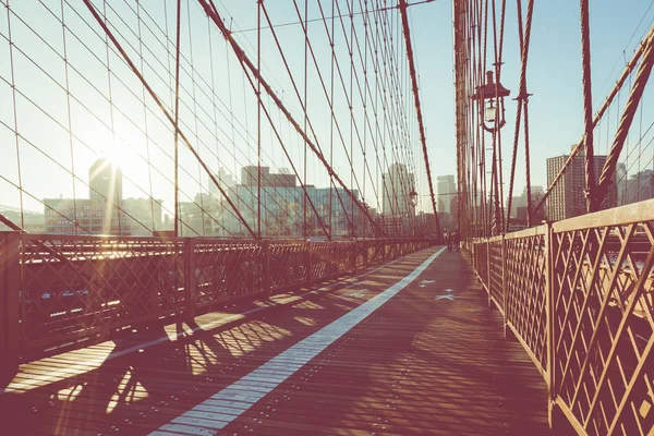 Vintage Kolor Widzenia Brooklyn Bridge Szczegółowo Dźwigarów Obsługa Kabli Panoramę — Zdjęcie stockowe