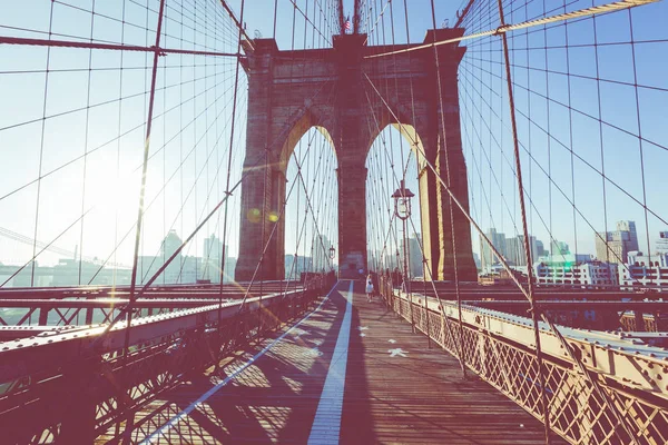 Vista Color Vintage Del Puente Brooklyn Con Detalle Vigas Cables — Foto de Stock