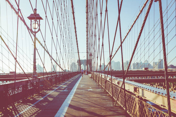 Vintage Color View of Brooklyn Bridge with Detail of Girders and Support Cables, Manhattan City Skyline at Sunrise, New York City, New York, USA