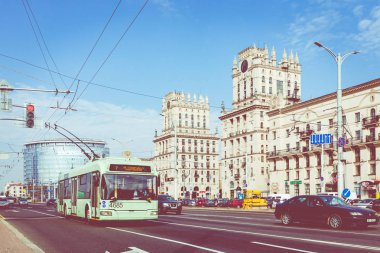 Minsk, Beyaz Rusya - 11 Eylül 2018: Minsk merkezi bir bakış. İstasyon Meydanı. Minsk. Belarus.