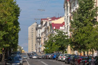 Minsk, Beyaz Rusya - 11 Eylül 2018: Minsk merkezi bir bakış. İstasyon Meydanı. Minsk. Belarus.