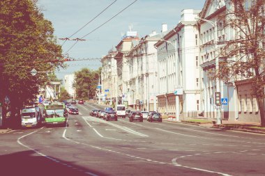 Minsk, Beyaz Rusya - 11 Eylül 2018: Minsk merkezi bir bakış. İstasyon Meydanı. Minsk. Belarus.